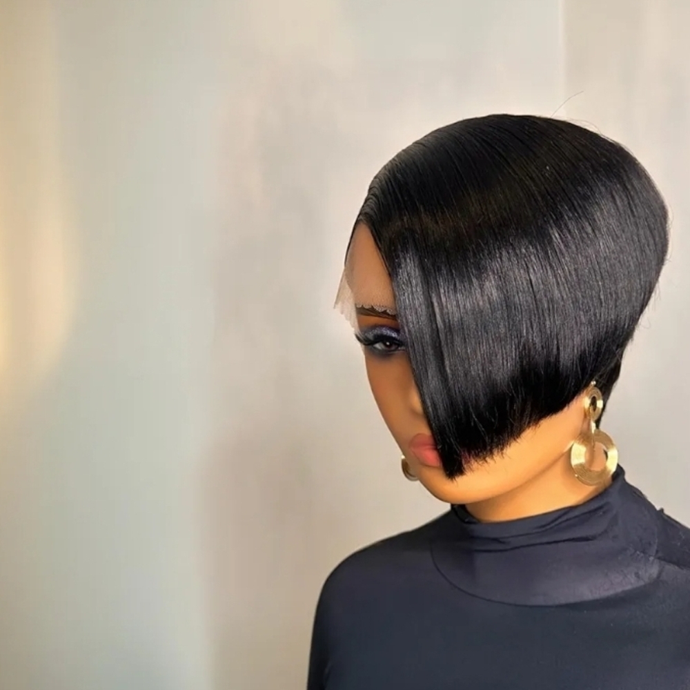 4x4 Lace Closure Short Layered Pixie Human Hair Lace Frontal Wigs Brazilian - Picture 2 of 6